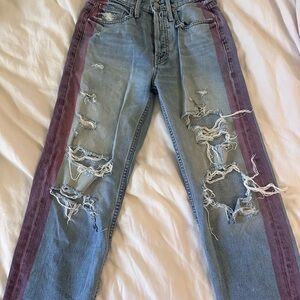 MOTHER Light Blue Distressed Straight-Leg Jeans with Purple Side Stripe